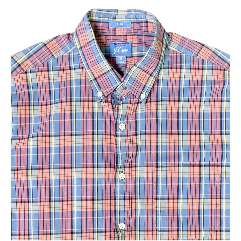 J Crew Lightweight Stretch Slim Men M Blue Pink Secret Wash‎ Cotton Poplin Shirt